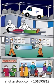 Healthcare scene featuring ambulance, paramedics, a stretcher and patients in a waiting room at a hospital