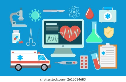 Healthcare and science icons circling a computer screen displaying a heartbeat, surrounded by medical tools and symbols