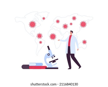 Healthcare, science and illness study concept. Vector flat character illustration. Male doctor or scientisct in white coat. Microscope and book education symbol. World map with virus.