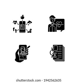 Healthcare Service Black Glyph Icons Set On White Space. Health Data Collection. Anonymous Question. Video Appointment. Diagnostic Test. Silhouette Symbols. Vector Isolated Illustration