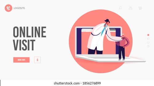 Healthcare Service Hi-Tech Smart Technologies Landing Page Template. Doctor Character on Huge Laptop Listen Patient Heart Beating with Stethoscope, Online Medicine. Cartoon People Vector Illustration