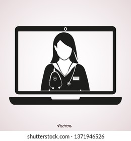 Healthcare service online. Medical consultation concept with fem. Flat black style icon isolated on white background.