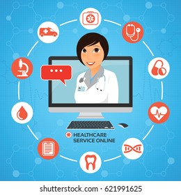 Healthcare service online. Medical consultation concept with female doctor on the computer  screen. Vector illustration.