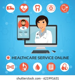 Healthcare service online. Medical consultation concept with female doctor on the computer screen. Vector illustration.