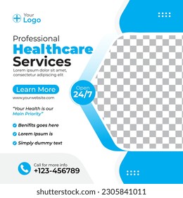 Healthcare service social media post template design. Clinic or hospital digital marketing flyer for web. Creative health business promotion banner for doctor