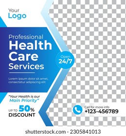 Healthcare service social media post template design. Clinic or hospital digital marketing flyer for web. Creative health business promotion banner for doctor