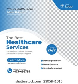 Healthcare service social media post template design. Clinic or hospital digital marketing flyer for web. Creative health business promotion banner for doctor