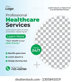 Healthcare service social media post template design. Clinic or hospital digital marketing flyer for web. Creative health business promotion banner for doctor