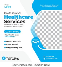 Healthcare service social media post template design. Clinic or hospital digital marketing flyer for web. Creative health business promotion banner for doctor