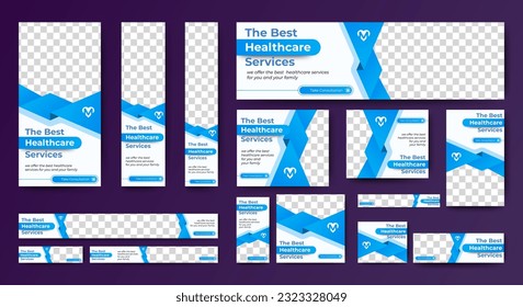 Healthcare Service web ad banner template design with blue and white background. vector