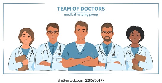 Servicios de atención médica, consulte a un médico.  Médico masculino y femenino con estetoscopio.  Enfermera, cirujano, uniforme de terapeuta. Ilustración vectorial.