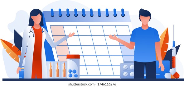 Healthcare services banner with hospital calendar, drugs and pills. Medical check up schedule. Doctor appointment. Medical test, examination concept set. Online scheduling, telemedicine