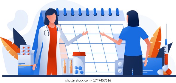 Healthcare services banner with hospital calendar, drugs and pills. Medical check up schedule. Doctor appointment. Medical test, examination concept set. Online scheduling, telemedicine