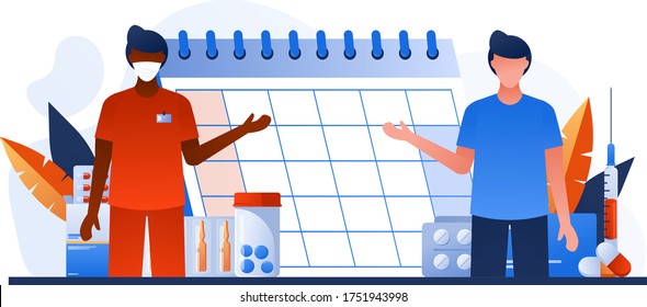 Healthcare services banner with hospital calendar, drugs and pills. Medical check up schedule. Doctor appointment. Medical test, examination concept set. Online scheduling, telemedicine