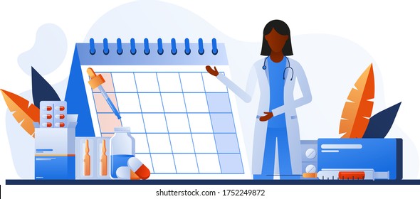 Healthcare services banner with hospital calendar, drugs and pills. Medical check up schedule. Doctor appointment. Medical test, examination concept set. Online scheduling, telemedicine