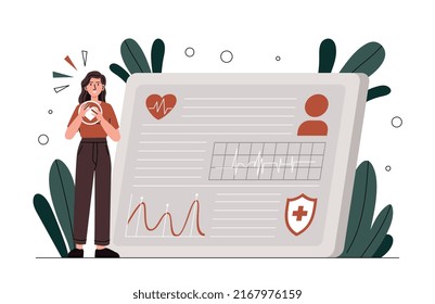 Healthcare Services Concept. Young Girl With Heart In Her Hands Looks At Test Results. Applications For Remote Diagnosis. Patient Reports Symptoms To Doctor. Cartoon Flat Vector Illustration