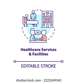 Healthcare services and facilities concept icon. Health system. Medical provider abstract idea thin line illustration. Isolated outline drawing. Editable stroke. Arial, Myriad Pro-Bold fonts used