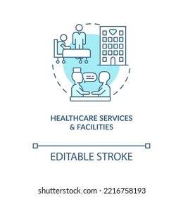 Healthcare services and facilities turquoise concept icon. Medical industry abstract idea thin line illustration. Isolated outline drawing. Editable stroke. Arial, Myriad Pro-Bold fonts used