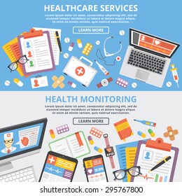 Healthcare Services, Health Monitoring, Research Flat Illustration Concepts Set. Modern Flat Design Concepts For Web Banners, Web Sites, Printed Materials, Infographics. Creative Vector Illustration