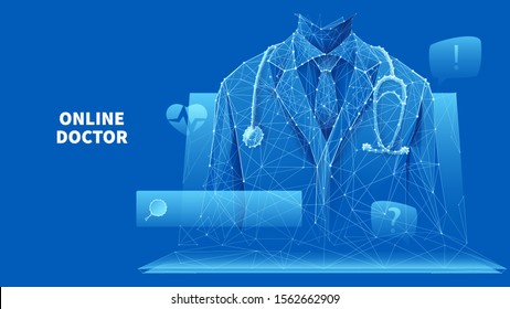 Healthcare services. Online medical consultation. A doctor in a white lab coat with a stethoscope on the laptop screen. Low poly wireframe vector illustration on blue. Online hospital concept.