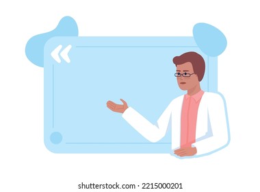 Healthcare services for patients quote textbox with flat character. Specialist tips. Speech bubble with editable cartoon illustration. Creative quotation isolated on white background