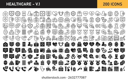 Healthcare Set of 200 icons in line and glyph style. Medicine, check up, doctor, dentistry, pharmacy, lab, scientific discovery, collection. Vector illustration