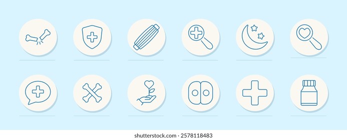 Healthcare set icon. Broken bone, medical shield, bandage, diagnosis, sleep, love check, consultation, health, protection, pills, pharmacy