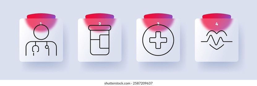 Healthcare set icon. Doctor, pill bottle, medical cross, heartbeat, wellness, treatment, medicine, diagnosis, hospital, prescription, health monitoring, therapy, emergency, healthcare system.