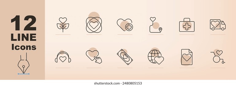 Symbol "Healthcare Set". Herz, Pflanze, Stethoskop, Ort, Krankenwagen, medizinische Akte, Rollstuhl, Globus, Spende, Hand halten Herz, Geld mit Herz, Krankenhaus. Gesundheitswesen und Medizin