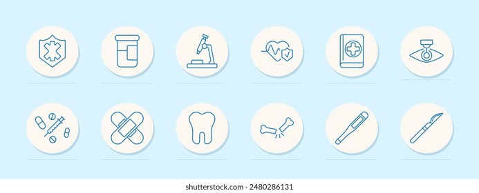 Icono de conjunto médico. Latido cardíaco, píldoras, microscopio, diente y vendajes. Concepto médico, de salud, de tratamiento.