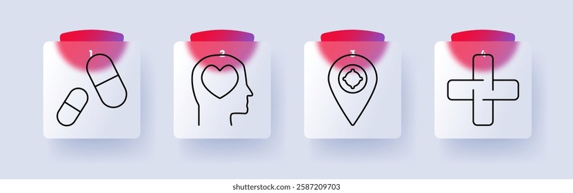 Healthcare set icon. Pills, mental health, location with ribbon, medical cross, wellness, medication, awareness, psychology, support, pharmaceutical industry.