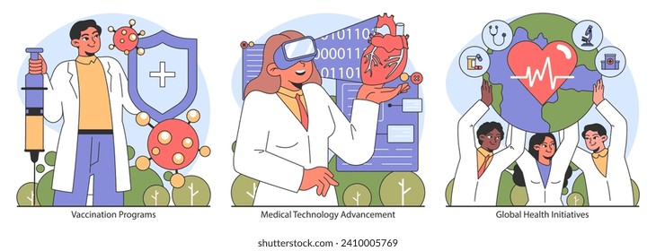 Equipo de salud. Programas de vacunación sólidos, tecnología médica de vanguardia e iniciativas sanitarias globales unidas. Una narrativa visual de soluciones médicas modernas. Ilustración vectorial plana.