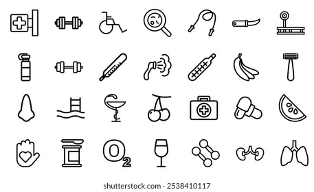 Healthcare set of web icons in line style. Medicine and Health Care linear icon collection. Containing emergency, doctor, treatment, medical, report, diagnosis, health, prevention. Editable .	