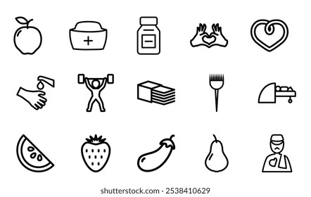 Healthcare set of web icons in line style. Medicine and Health Care linear icon collection. Containing emergency, doctor, treatment, medical, report, diagnosis, health, prevention. Editable .	