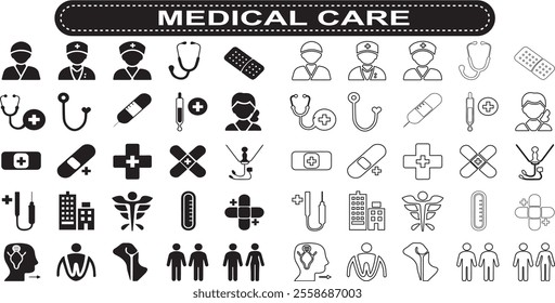 Healthcare set of web icons in line style. Medicine and Health Care linear icon collection. Containing emergency, doctor, treatment, medical, report, diagnosis, health, prevention. Editable stroke