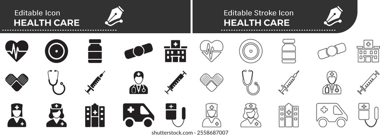 Healthcare set of web icons in line style. Medicine and Health Care linear icon collection. Containing emergency, doctor, treatment, medical, report, diagnosis, health, prevention. Editable stroke