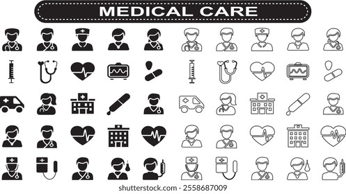 Healthcare set of web icons in line style. Medicine and Health Care linear icon collection. Containing emergency, doctor, treatment, medical, report, diagnosis, health, prevention. Editable stroke