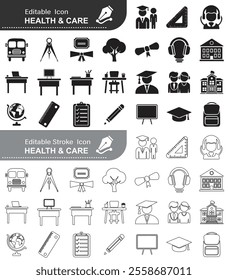 Healthcare set of web icons in line style. Medicine and Health Care linear icon collection. Containing emergency, doctor, treatment, medical, report, diagnosis, health, prevention. Editable stroke