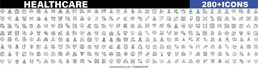 Healthcare set of web icons in line style. Medicine and Health Care linear icon collection. Containing emergency, doctor, treatment, medical, report, diagnosis, 