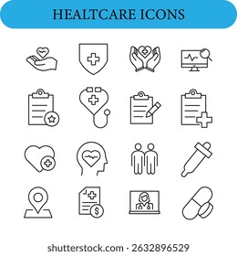Healthcare set of web icons in line style. Medicine and Health Care linear icon collection.