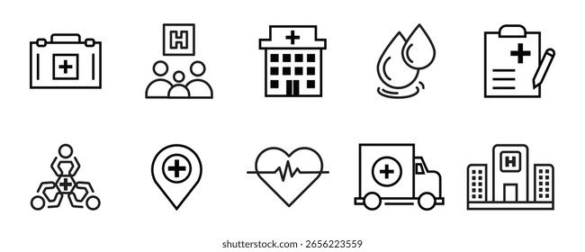 Conjunto de ícones da Web para o setor de saúde no estilo de linha. Coleção de ícones lineares de Medicina e Saúde. Contendo emergência, médico, tratamento, médico, relatório, diagnóstico, saúde, prevenção. Traçado editável