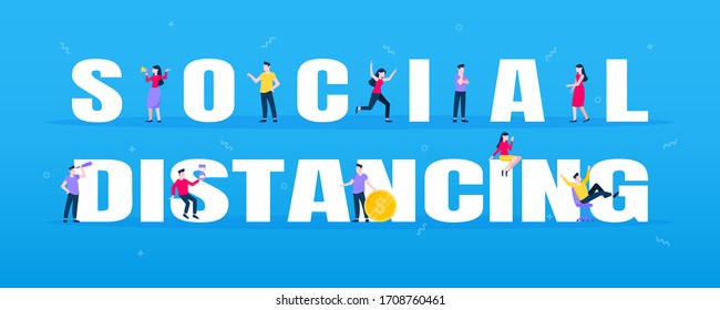 Healthcare social distancing concept flat style design vector illustration isolated on blue background. People keep distance to prevent diseases or viruses.