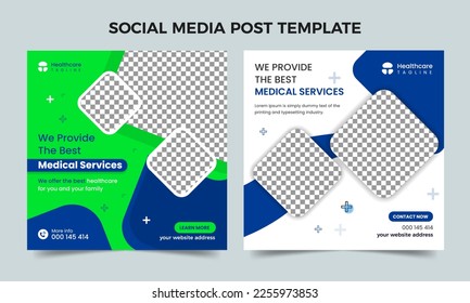 Healthcare social media banner design. Healthcare or medical promotion square post. Medical healthcare center social media post template