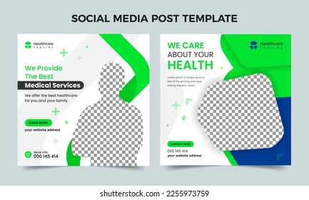 Healthcare social media blue and green banner design. Medical healthcare center social media post template. Healthcare or medical promotion square post