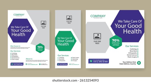 Healthcare social media post design bundle. Medical healthcare web banner template. Your health is our priority flyer design template.
