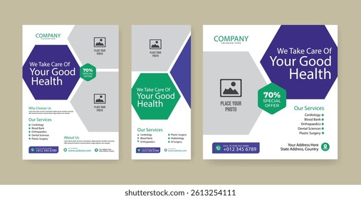 Healthcare social media post design bundle. Medical healthcare web banner template. Your health is our priority flyer design template.