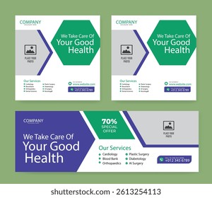 Healthcare social media post design bundle. Medical healthcare web banner template. Your health is our priority flyer design template.