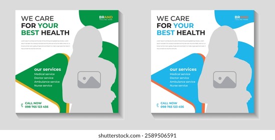 Healthcare social media post for hospital clinic promotion web banners, Medical social media post template, Medical social media post template design set for health, treatment