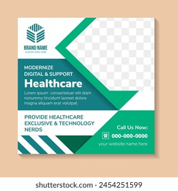 Healthcare Social media post template. Promotion square web banner for hospital and clinic. space for photo collage with combination green and blue on element. white background design template.