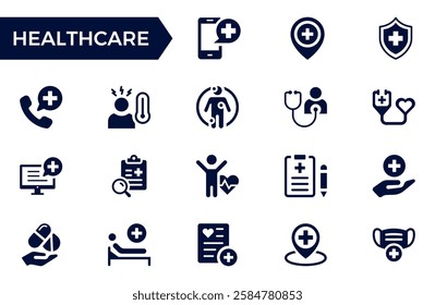 Healthcare Solid  icon set. Containing treatment, prevention, medical, health, diagnosis, report, illness, injury and more. Solid vector icons collection.